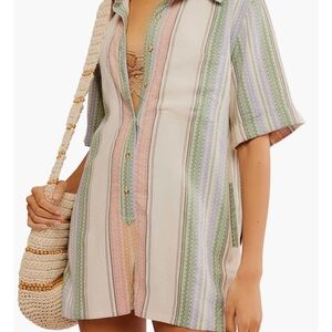 Free People Stripe Linen Blend Button Up Romper